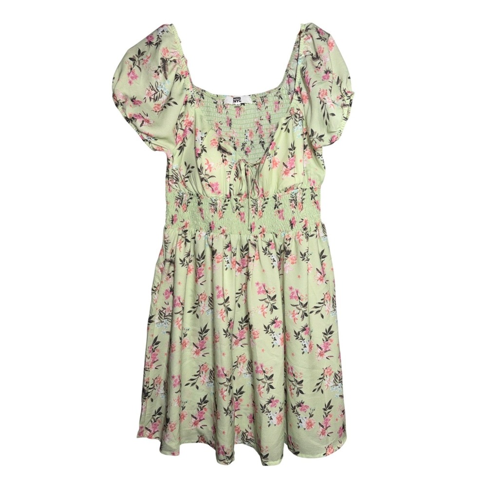 Madden NYC Womens L Floral Smocked Mini Dress Puff Sleeve Cut Out Cottagecore‎
